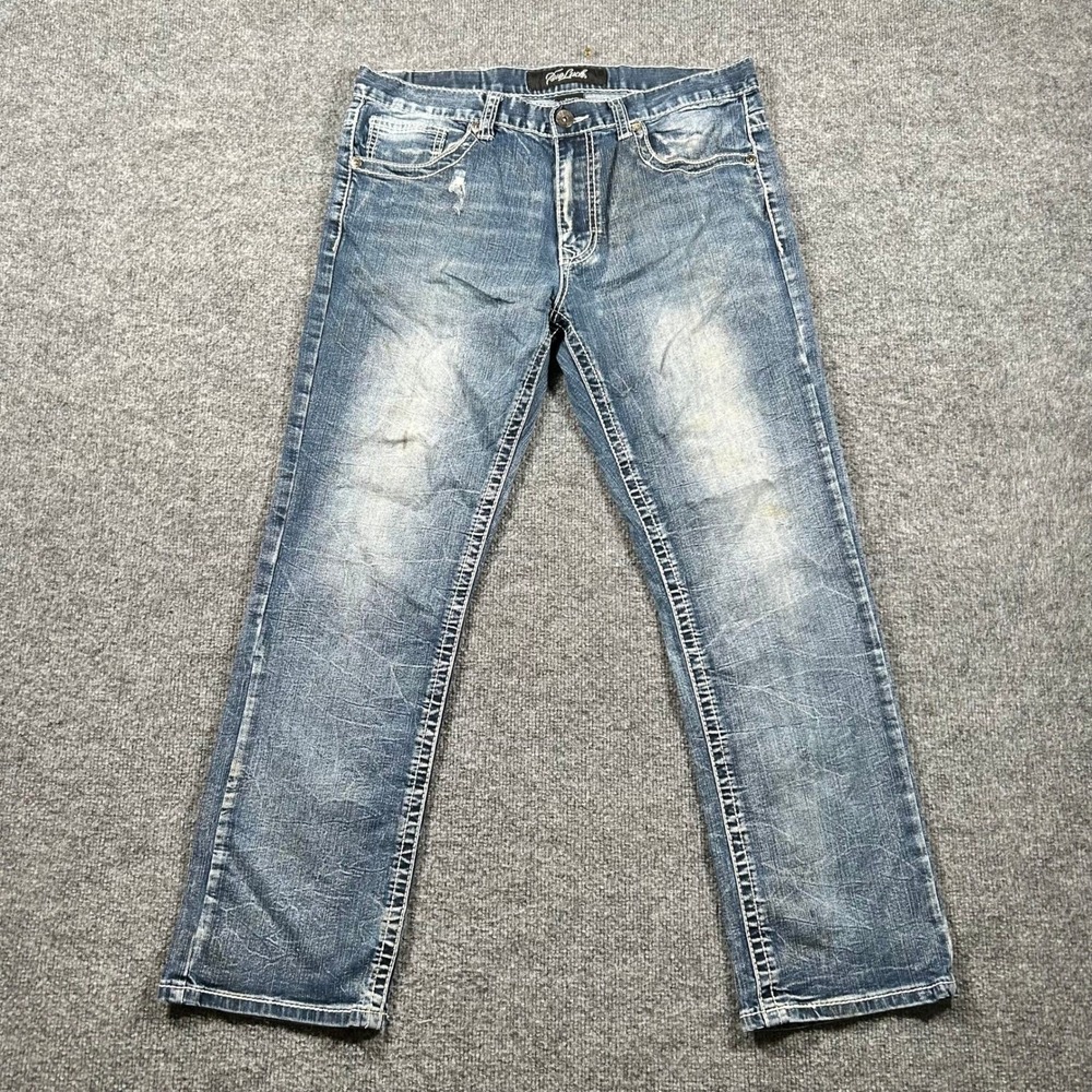 True Luck Jeans Mens Size 34 Blue Straight Leg Heavy Stitch Distressed Casual